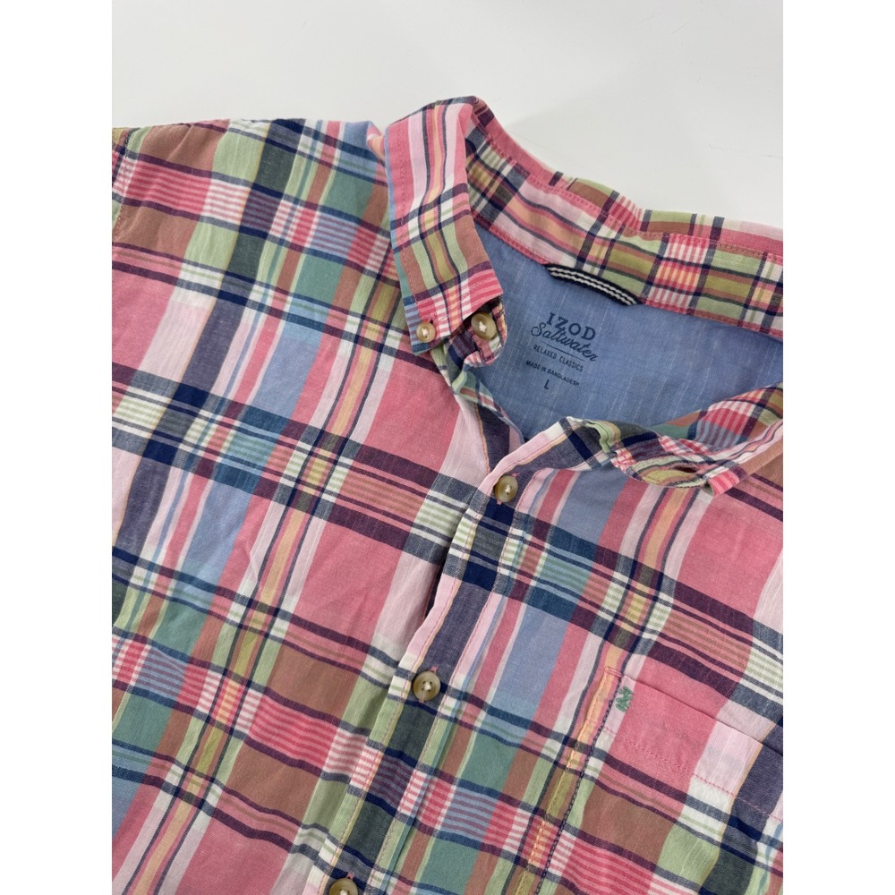 IZOD Saltwater Mens Lg Pink Plaid Short Sleeve Dad Casual Button Down‎ Shirt